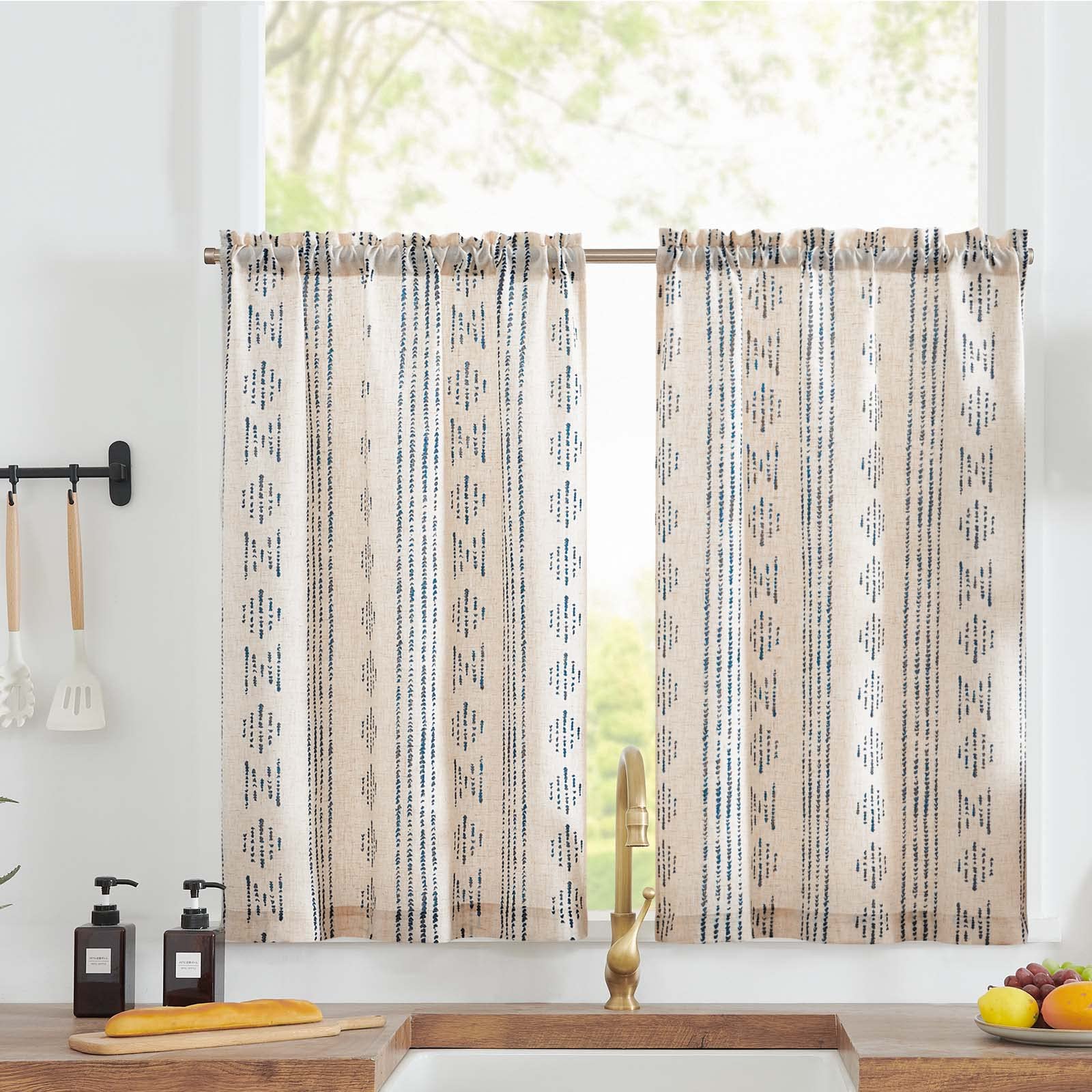 Jinchan Boho Kitchen Curtains Linen Tier Curtains 36 Inches Bohemian Cafe Small Drapes Striped Mudcloth Farmhouse For Bathroom Rv Camper Light Filtering Rod Pocket 2 Panels Blue On Beige